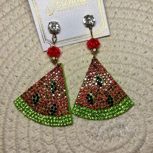 Cute & Fun Vibrant Rhinestone Watermelon Slice Earrings New!